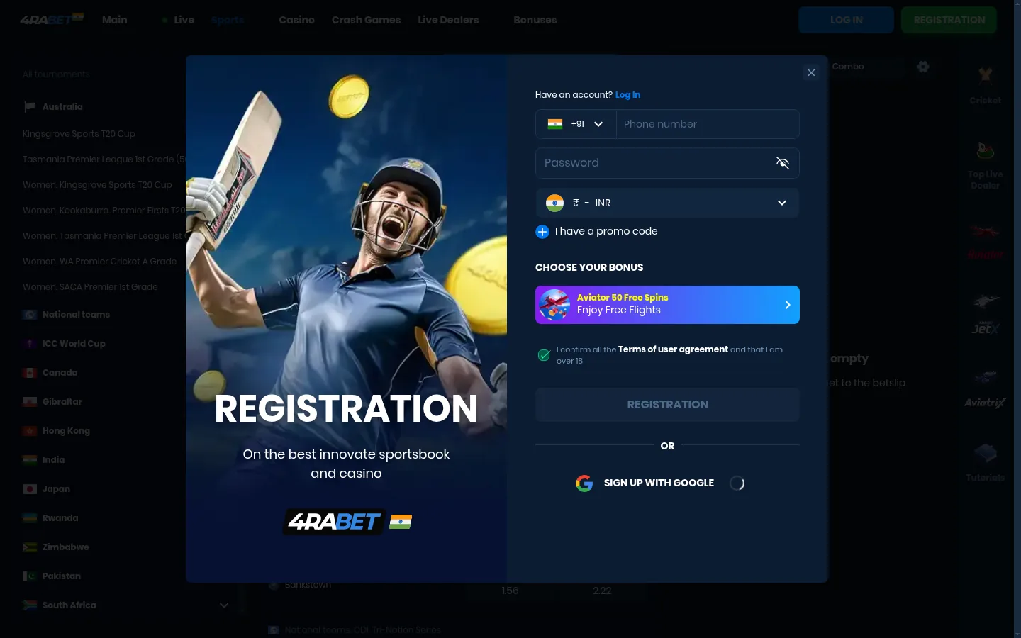 The 4raBet sign-up form opened over the cricket section: phone number, password, currency and bonus choice