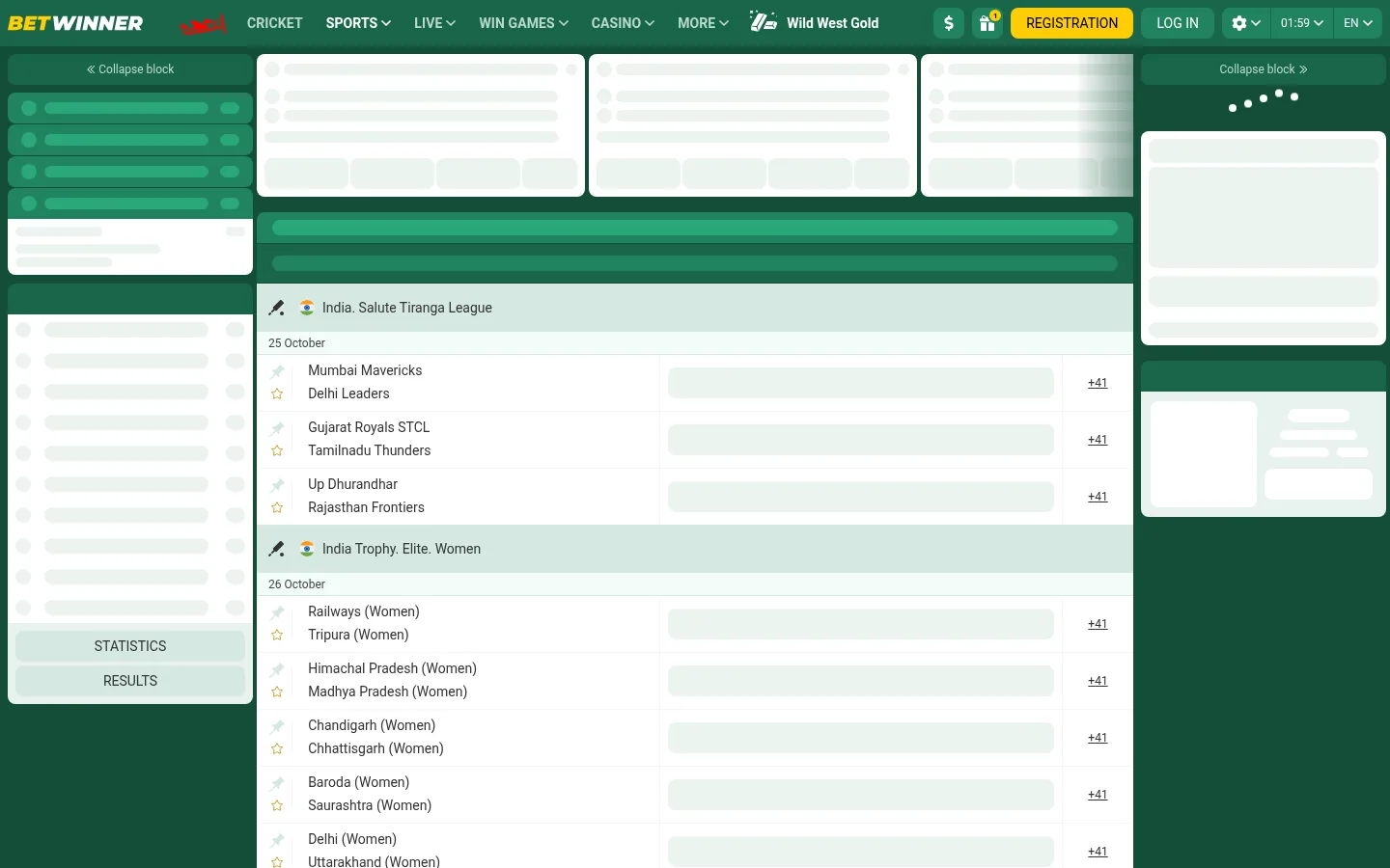 The BetWinner cricket line with India Salute Tiranga League matches
