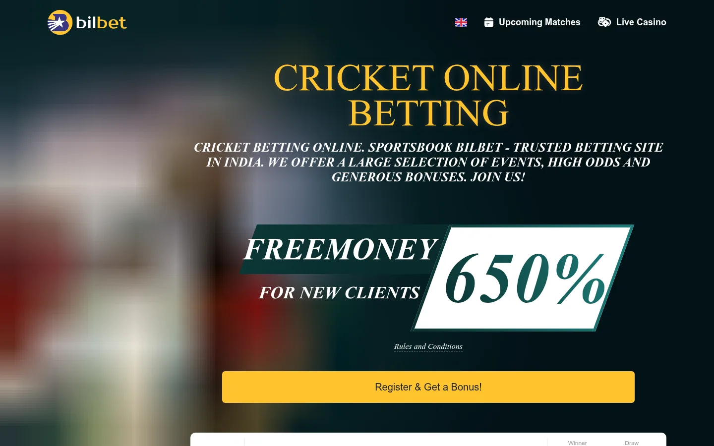 The Bilbet cricket betting landing page with its registration button