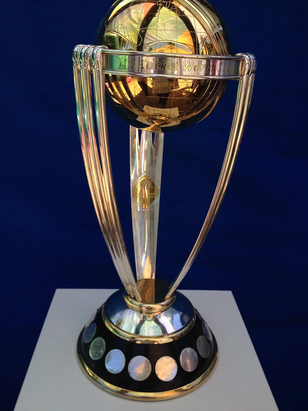 The ICC Cricket World Cup trophy on a stand