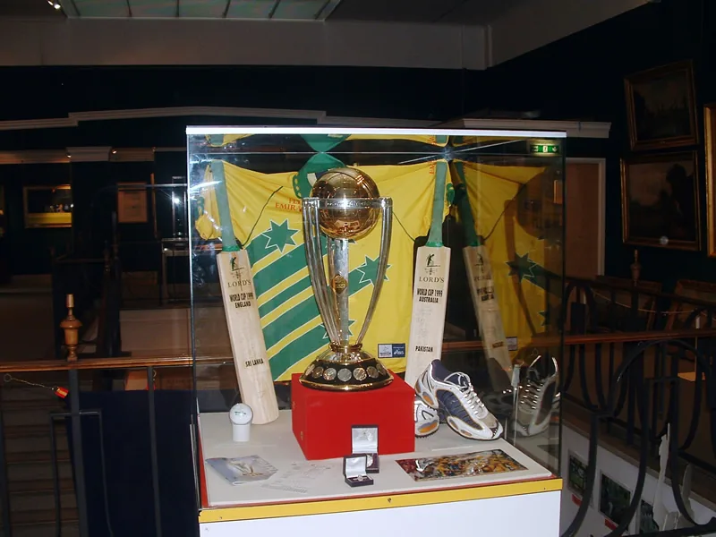 The Cricket World Cup trophy in a display case at Lord's