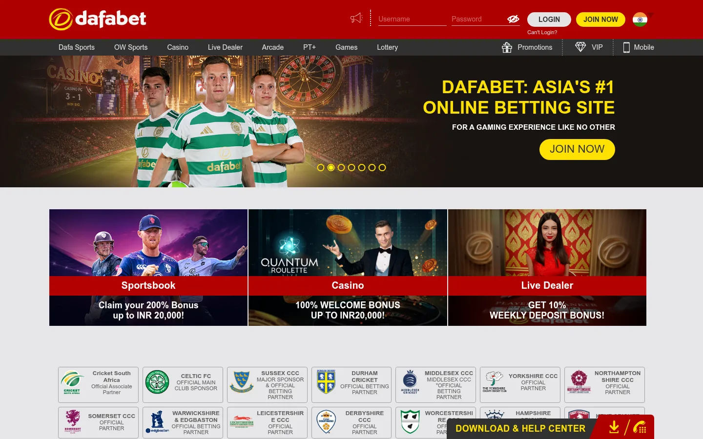 The Dafabet India home page with the sportsbook, casino and live dealer sections
