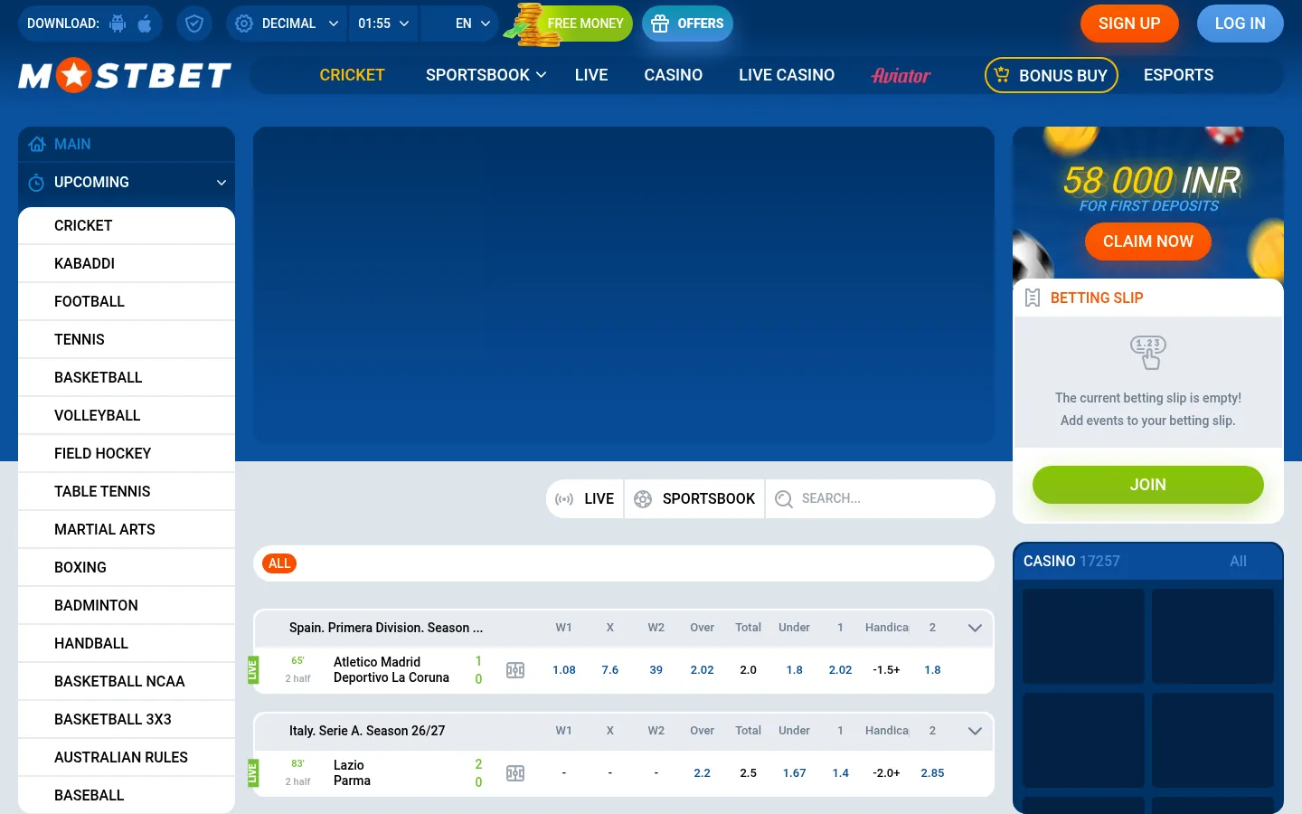 The Mostbet sportsbook with cricket and kabaddi at the top of the sports list
