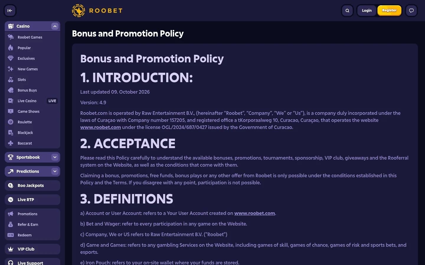 The Roobet bonus and promotion policy page, with the casino and sportsbook menu on the left